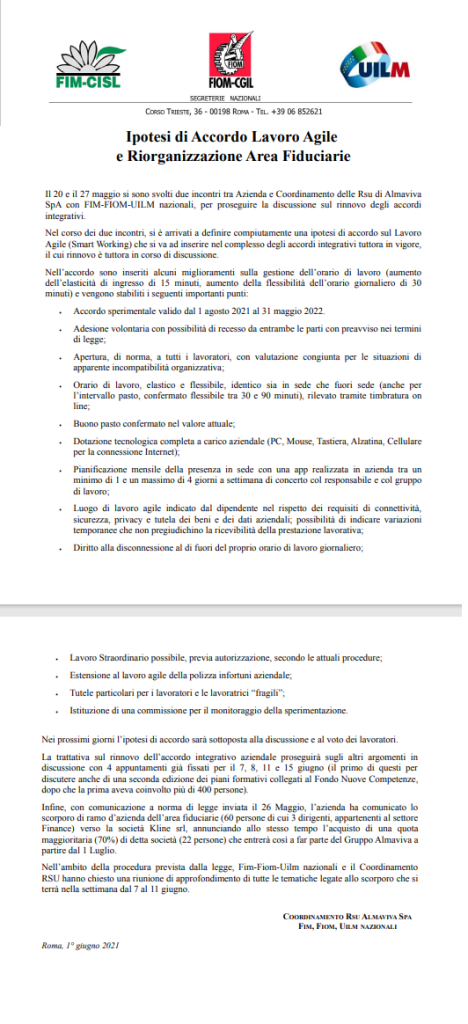 Ipotesi di Accordo Lavoro Agile e Riorganizzazione Area Fiduciarie